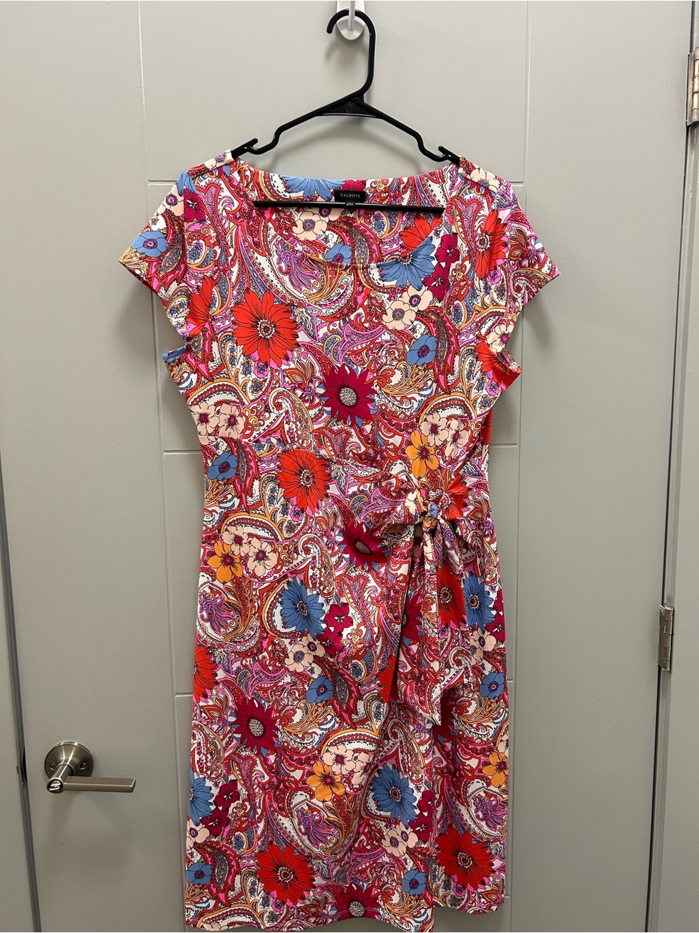 Talbots Dress Size L Cap Short Sleeve Floral Print Midi Side Bow Boho Resortwear